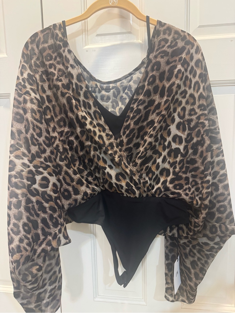 LPA Leopard Print Sheer Wrap Top Bodysuit- Black, Brown